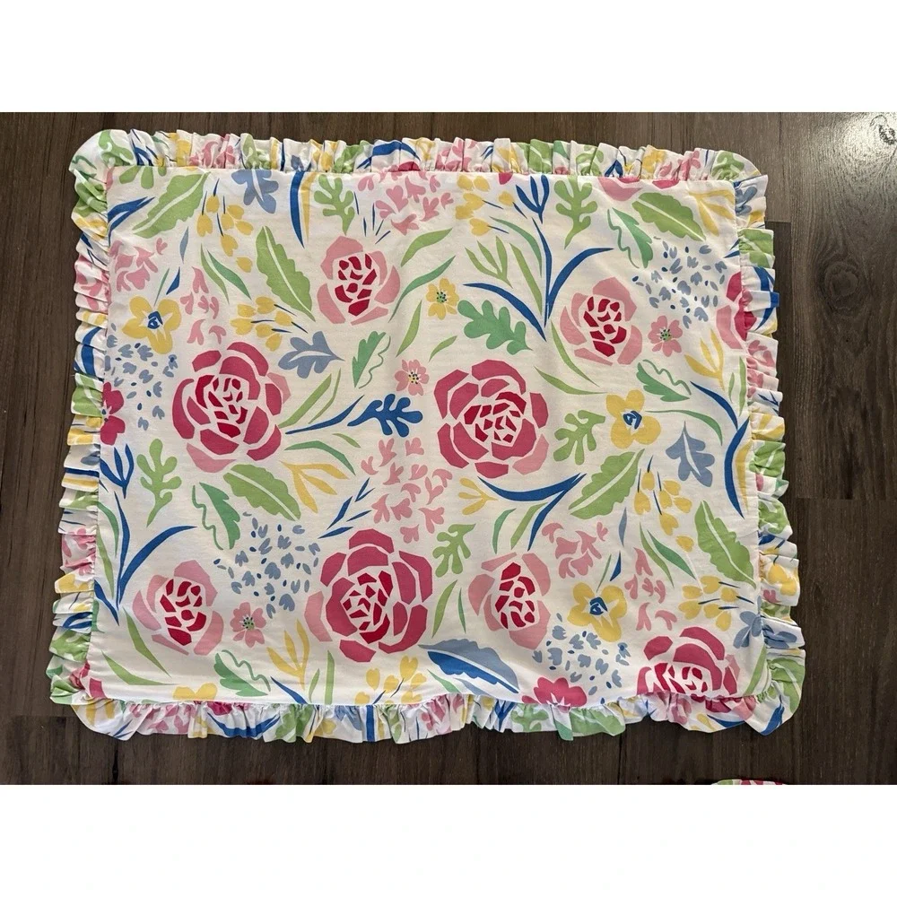 Southern Tide Kiawah Floral Pillow Shams (2) Reversible Pink Green Stripe Ruffle